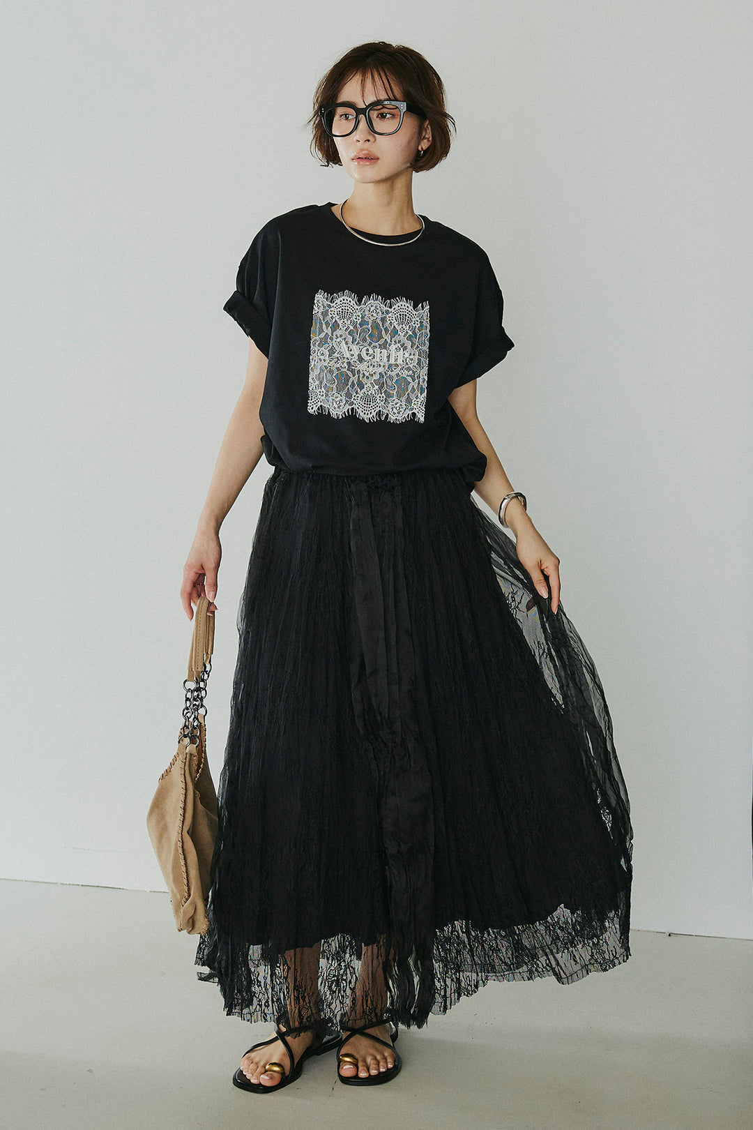[SET]レースロゴ刺繍Tシャツ+レースコンビワッシャーギャザースカート(2set)