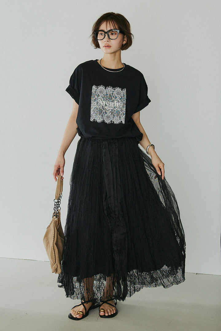 [SET]レースロゴ刺繍Tシャツ+レースコンビワッシャーギャザースカート(2set)