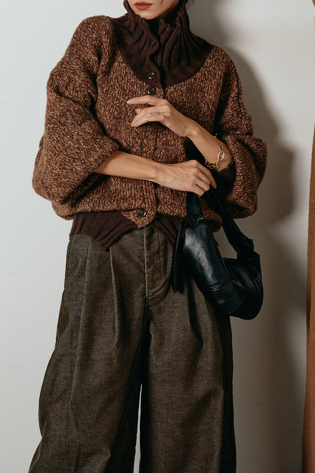 [SET]ハイネックミックスニットカーディガン+フロントタック入りコーデュロイパンツ(2set)