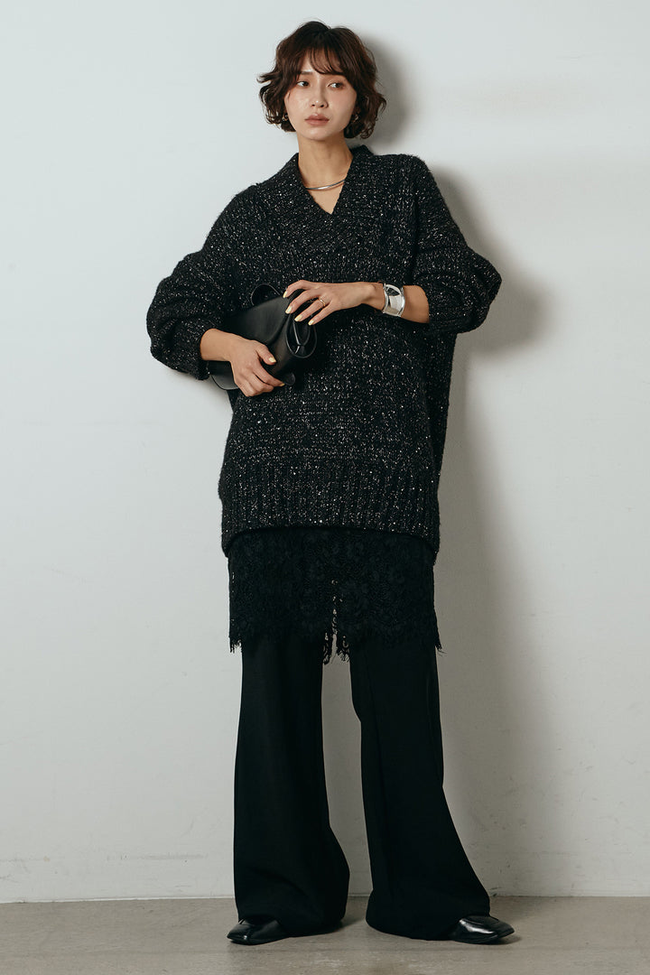 [SET]Vネックラメニットトップス+レース刺繍レイヤードフレアパンツ(2set)