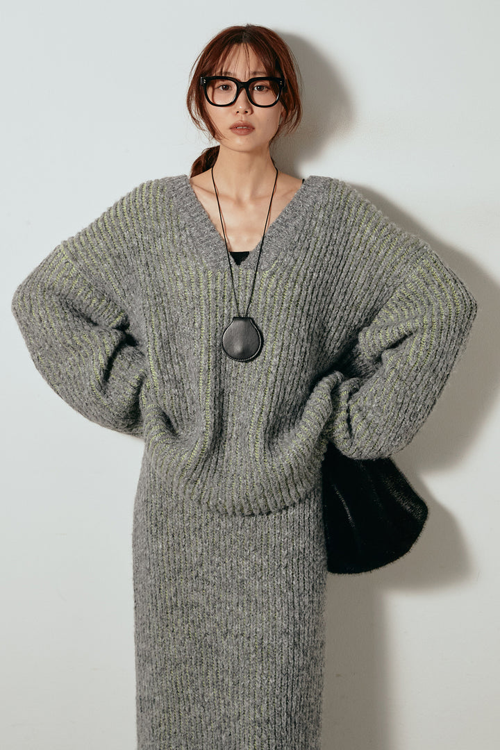 [SET]アルパカタッチ深Vニットトップス+アルパカタッチニットタイトスカート(2set)