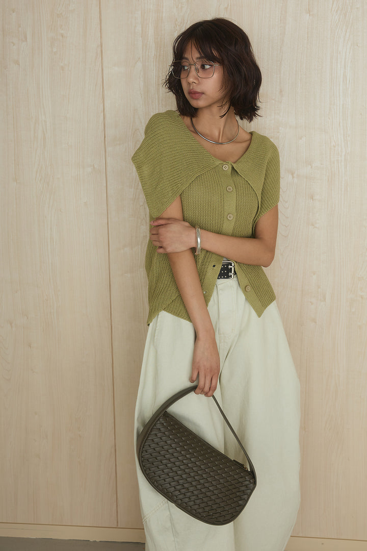 [SET]ビッグカラーボタンニットトップス+ベルト付きカラーデニムパンツ(2set)