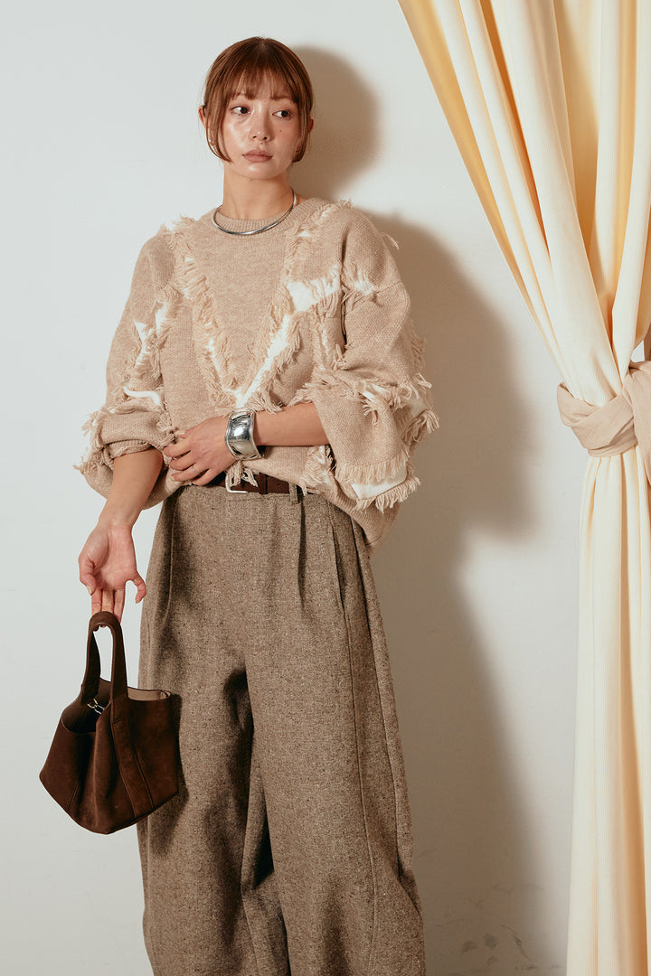 [SET]シャギージャガードニットトップス+ベルト付きネップツイードカーブパンツ(2set)