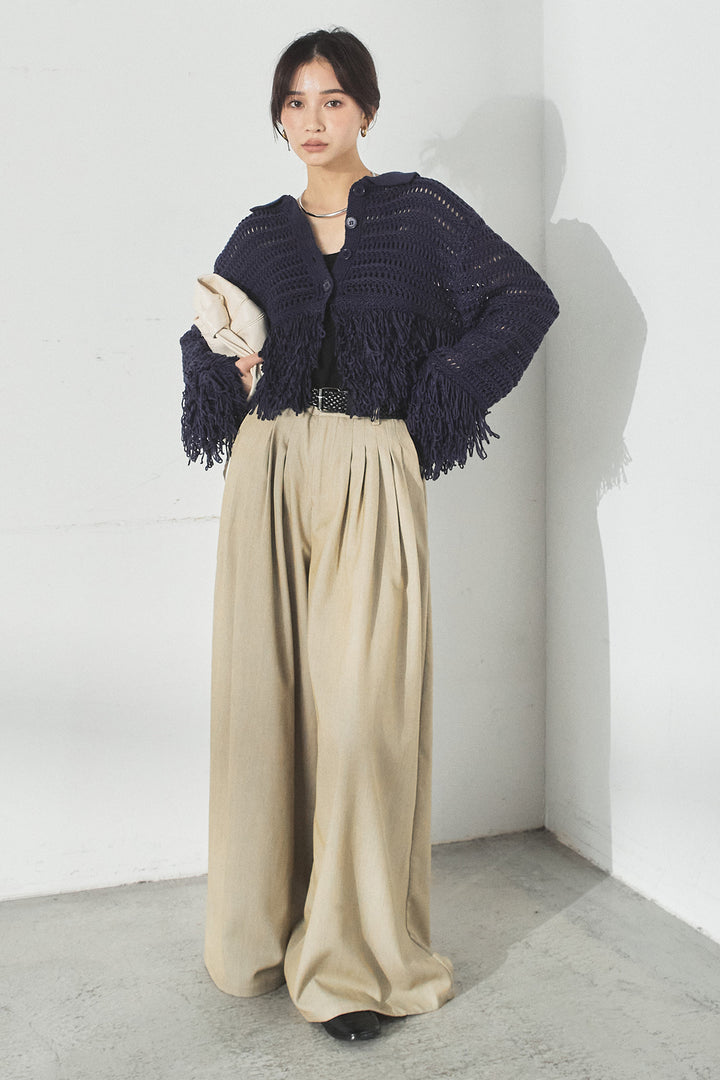 [SET]メッシュフリンジカーディガン+編みベルト付きウエストタックワイドパンツ(2set)