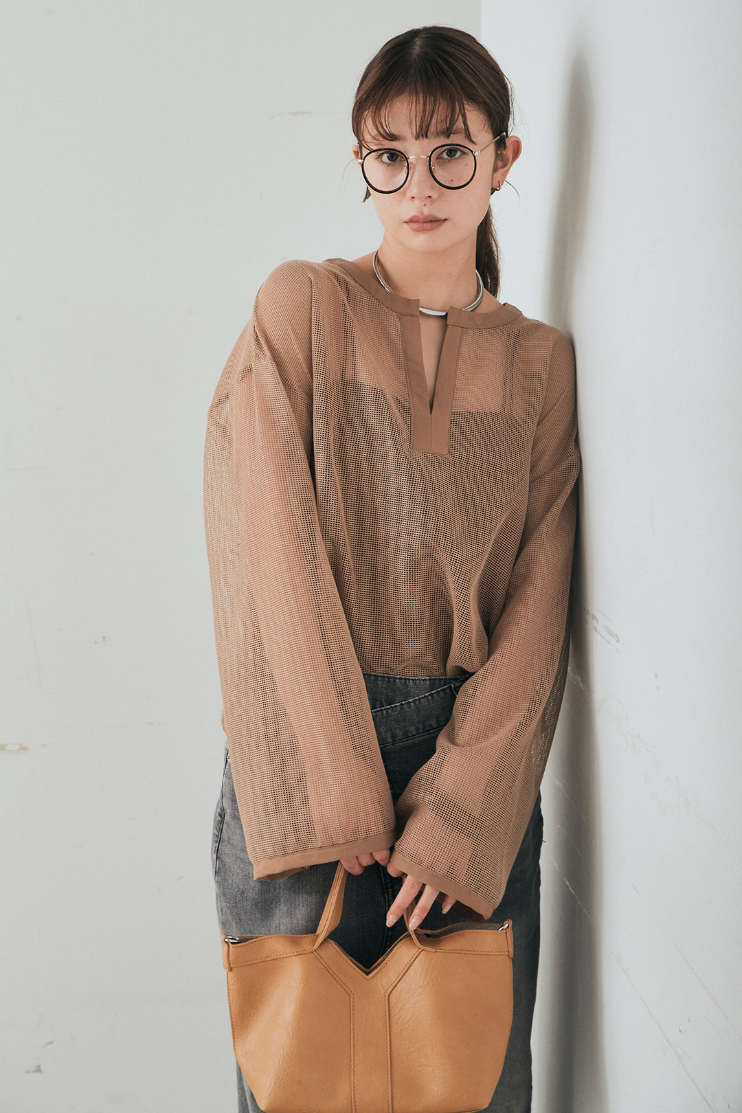 [SET]メッシュカットソースキッパープルオーバー+ウエストクロスデニムタイトスカート(2set)