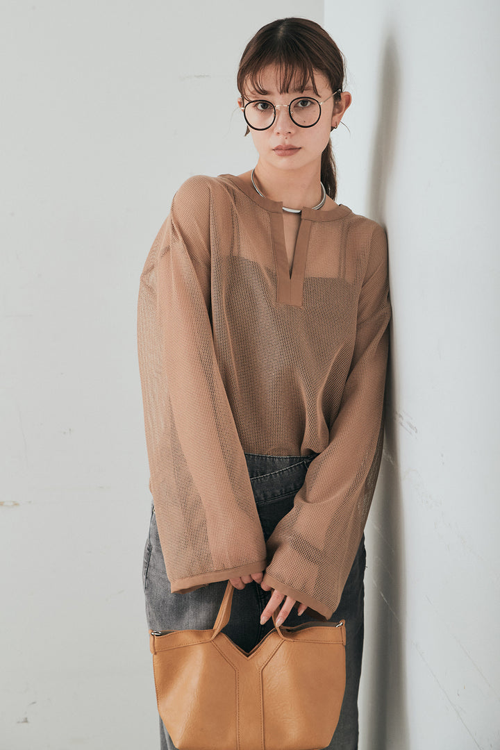 [SET]メッシュカットソースキッパープルオーバー+ウエストクロスデニムタイトスカート(2set)