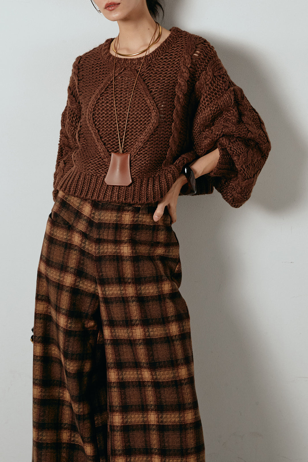 [SET]ロービングケーブルショート丈プルオーバー+ルーズタータンチェックワイドパンツ(2set)
