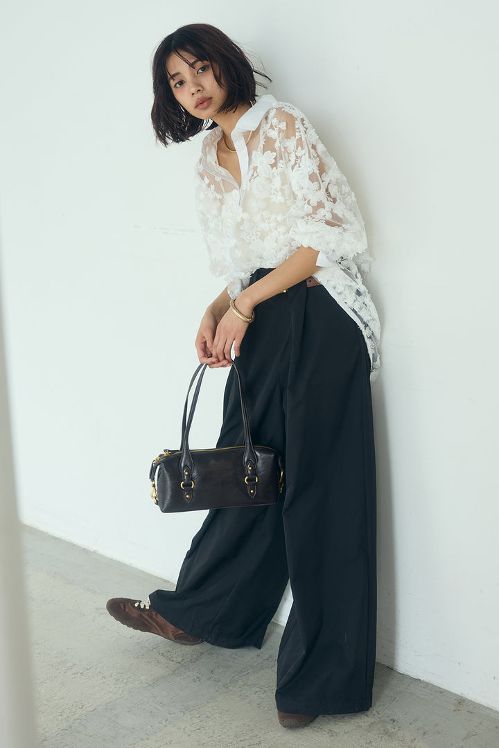 [SET]立体フラワー刺繍レースシャツ+ベルトループデザインハイウエストタックパンツ(2set)