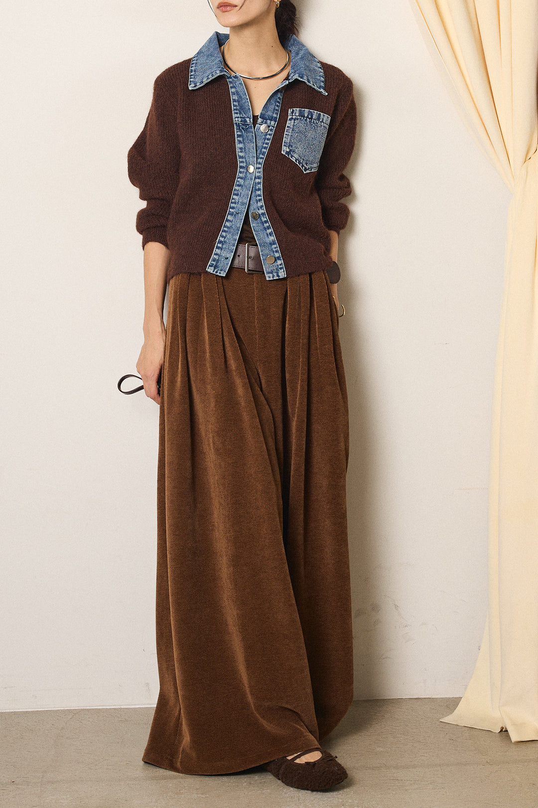 [SET]襟付きデニム切替ニットカーディガン+ベルトループコーデュロイワイドパンツ(2set)