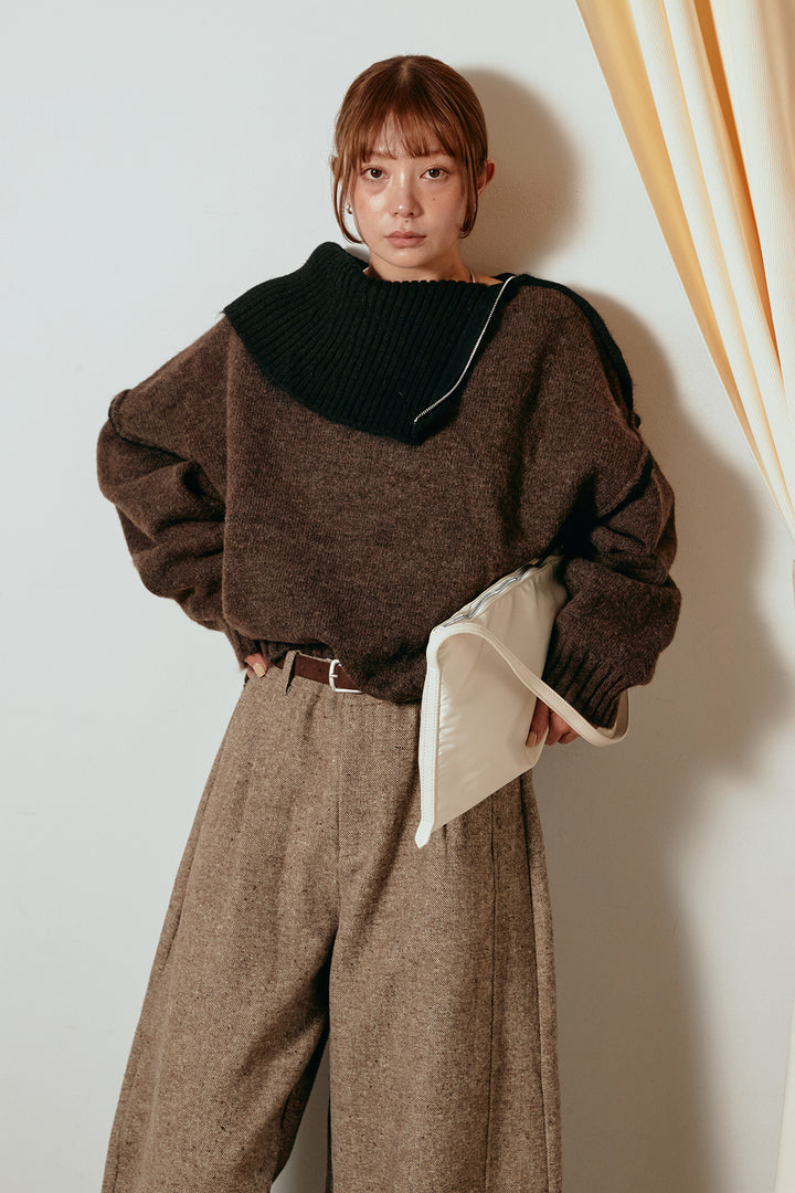 [SET]ハイネックジップデザインニットトップス+ベルト付きネップツイードカーブパンツ(2set)