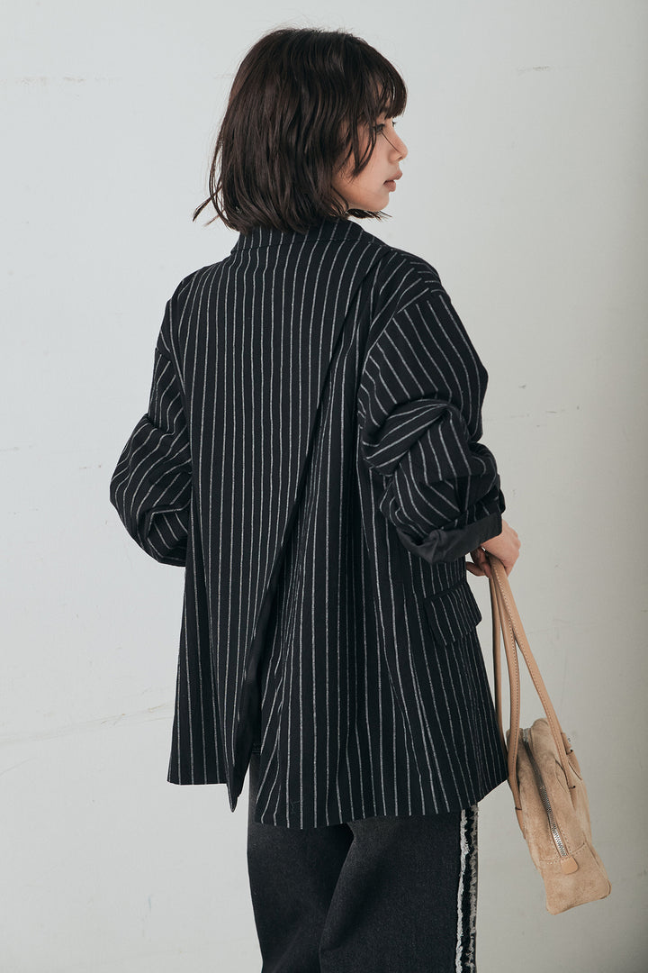 [SET]リネンライクストライプテーラードジャケット+デニムサイドフリルパンツ(2set)