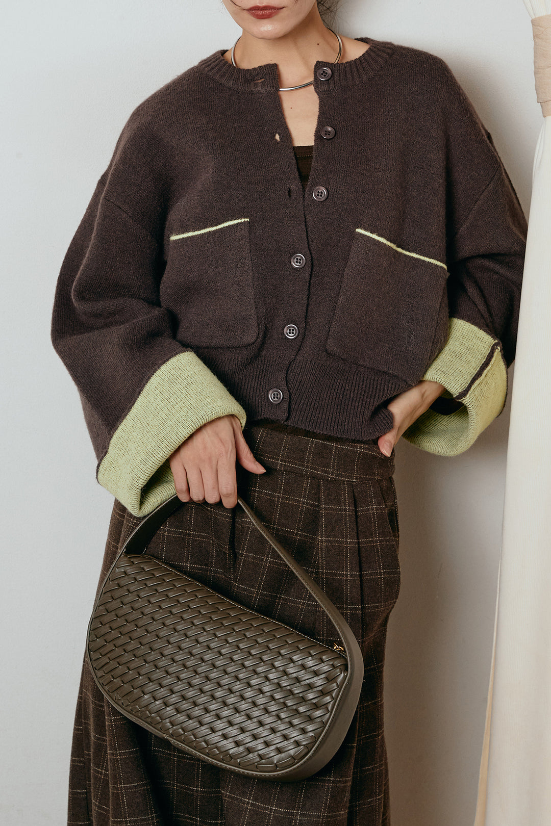 [SET]アルパカタッチダブルフェイスカーディガン+ウールライクチェックタックパンツ(2set)