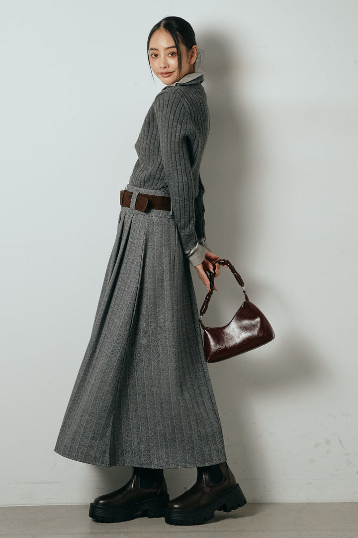 [SET]レイヤード風リブニットトップス+太ベルト付きヘリンボーンプリーツスカート(2set)