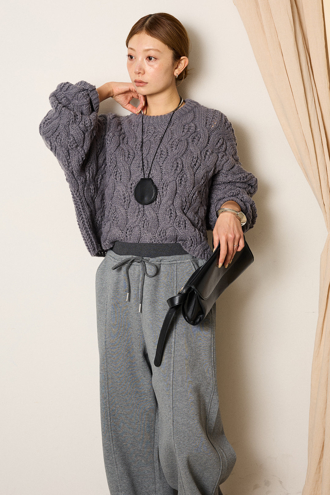 [SET]ケーブルリラックスショートニット+スウェットワイドカーブパンツ(2set)