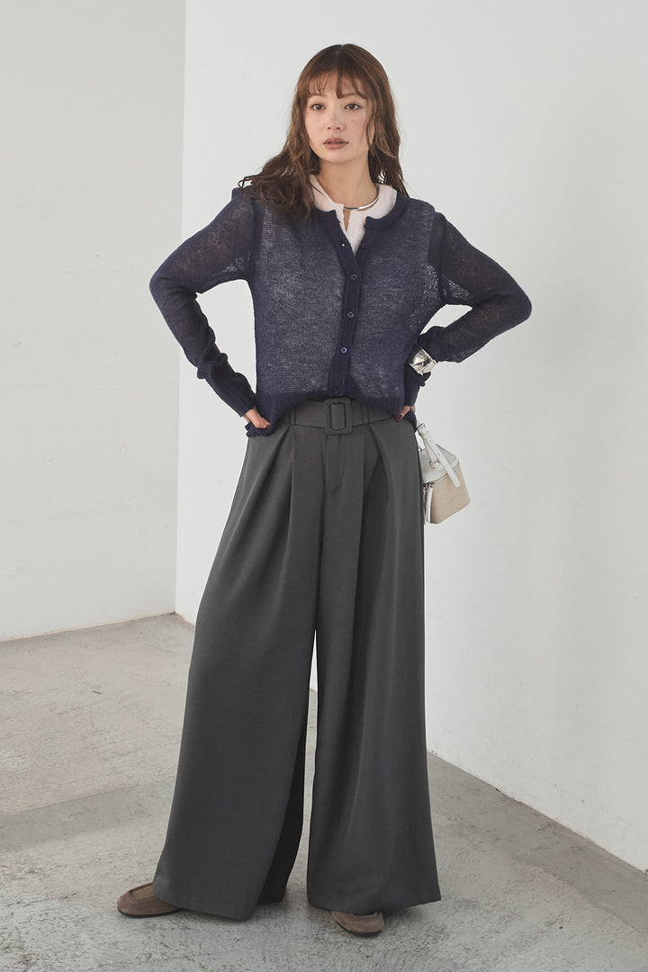 [SET]モヘア透かし編みレイヤードアンサンブルセット+ベルト付きツータックワイドパンツ(2set)