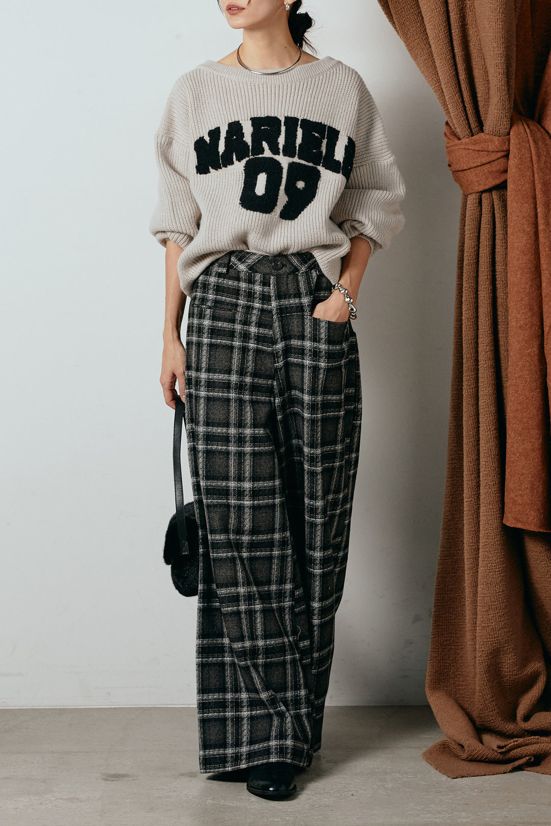 [SET]ロゴジャガードニットトップス+ルーズタータンチェックワイドパンツ(2set)