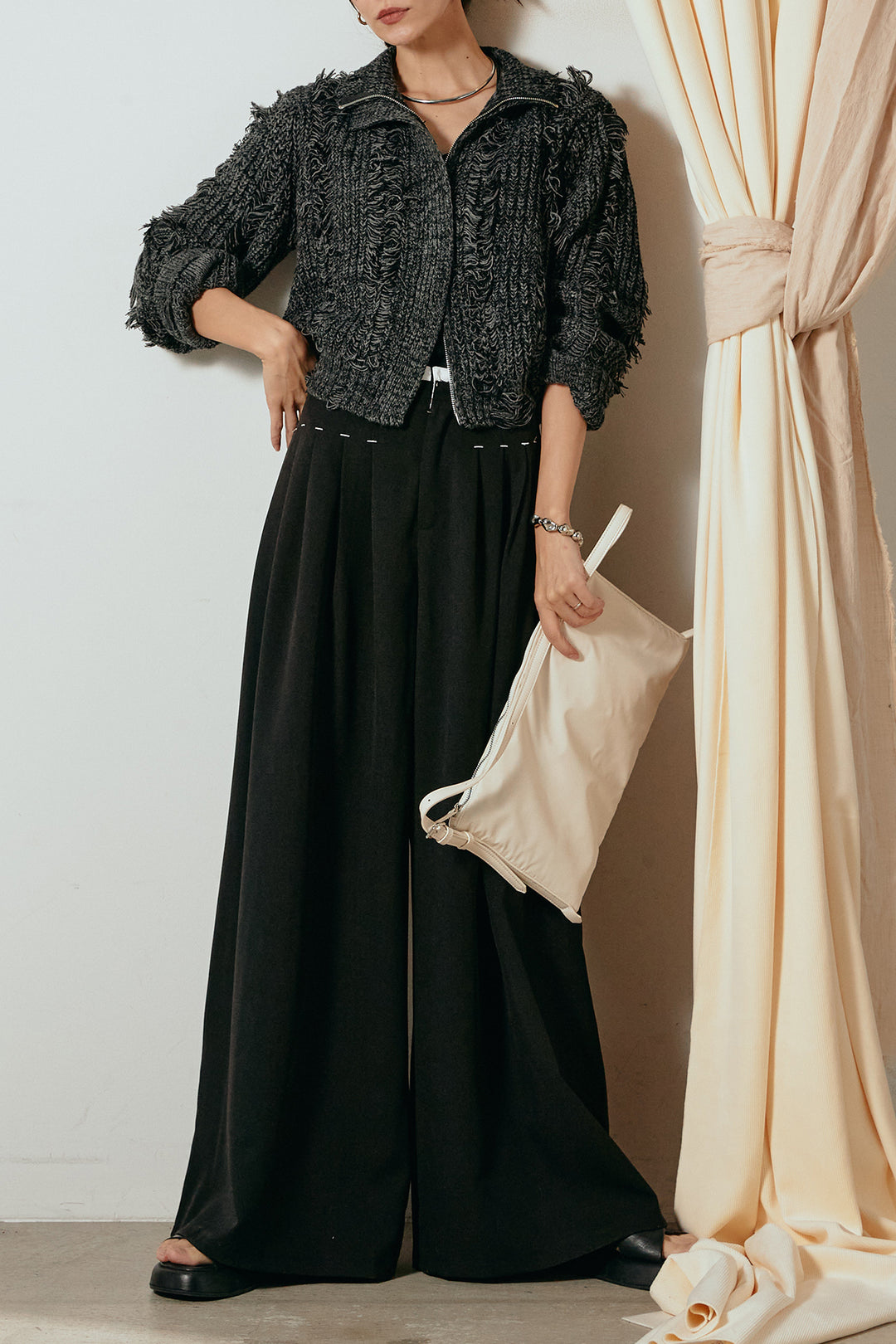 [SET]ハイネックフリンジジップニットトップス+ウエストステッチデザインワイドスラックス(2set)