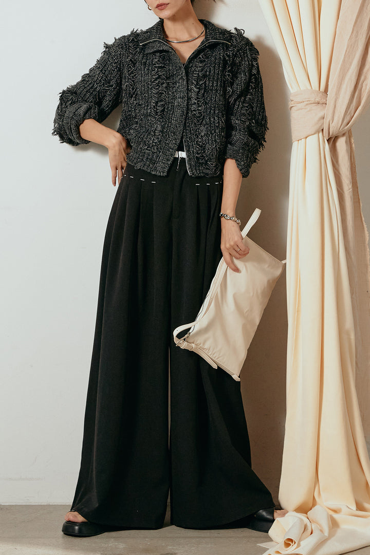 [SET]ハイネックフリンジジップニットトップス+ウエストステッチデザインワイドスラックス(2set)