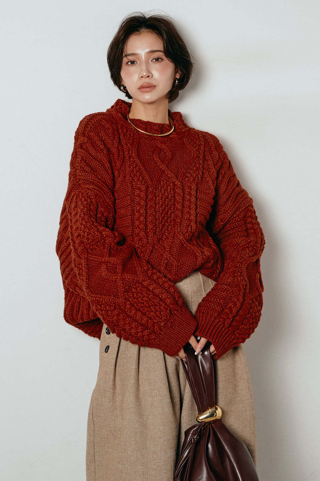 [SET]アラン柄ミックスケーブルニット+サイドボタンツイードタックパンツ(2set)