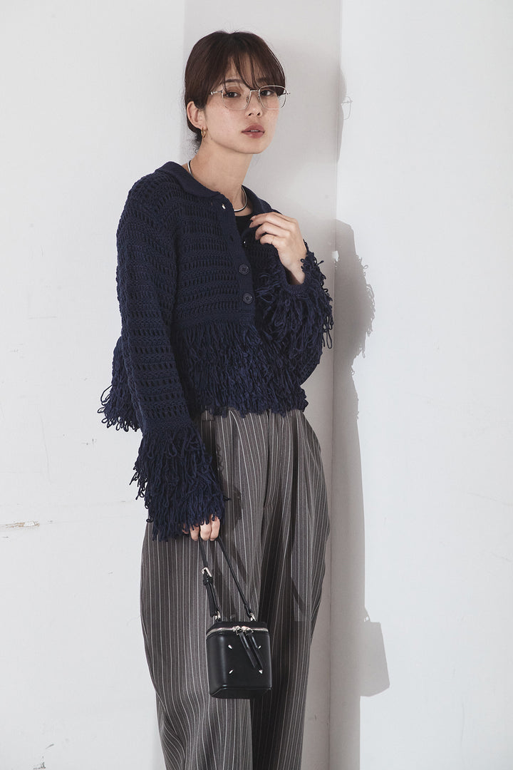 [SET]メッシュフリンジカーディガン+ヘリンボーンストライプツータックパンツ(2set)