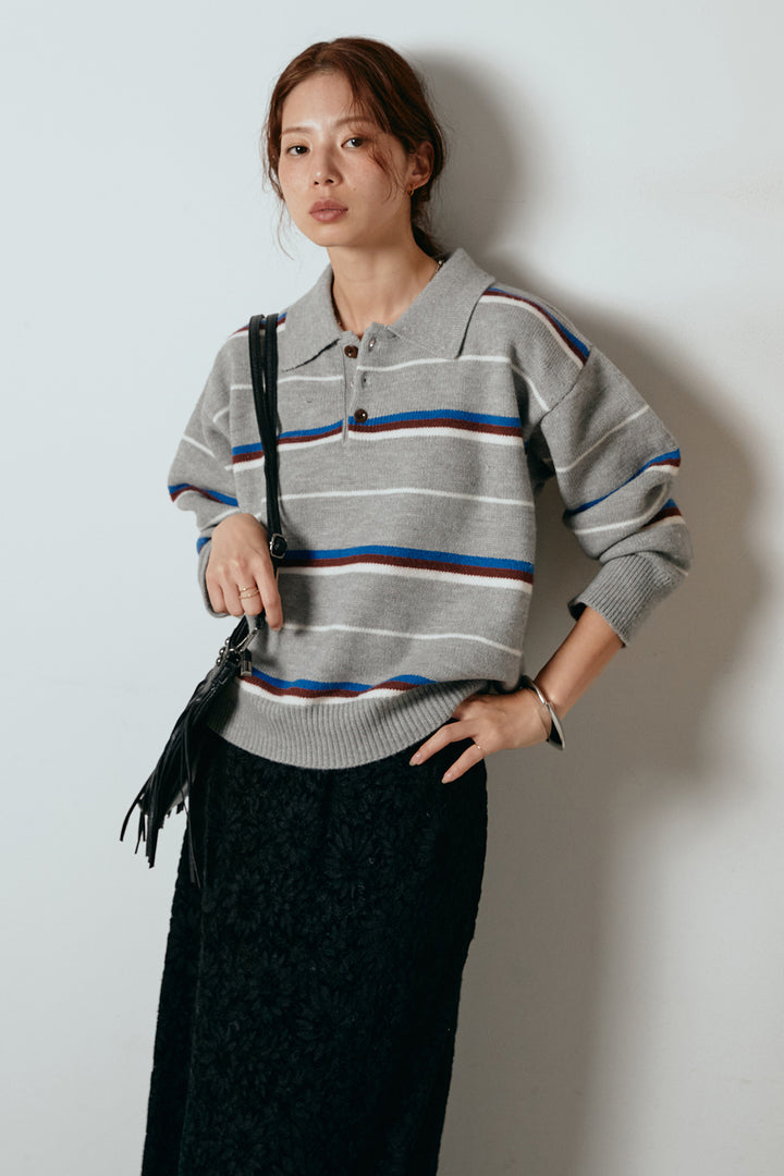 [SET]襟付きマルチボーダーニットポロトップス+花柄刺繍ベロアフレアスカート(2set)