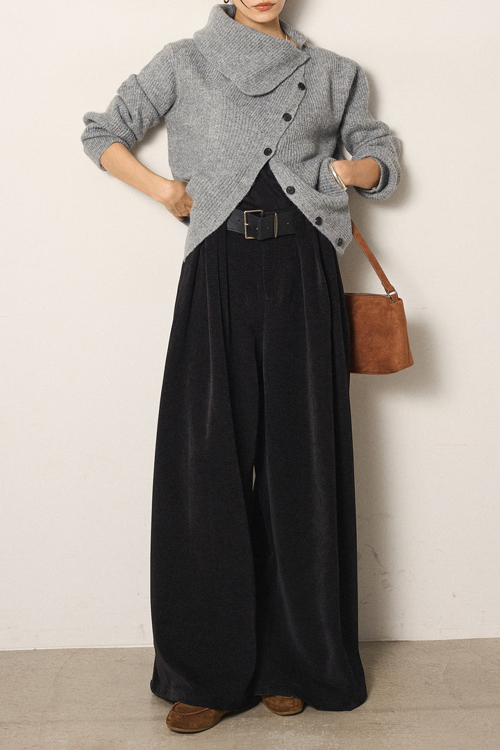 [SET]ボタンデザインネックニットプルオーバー+ベルトループコーデュロイワイドパンツ(2set)