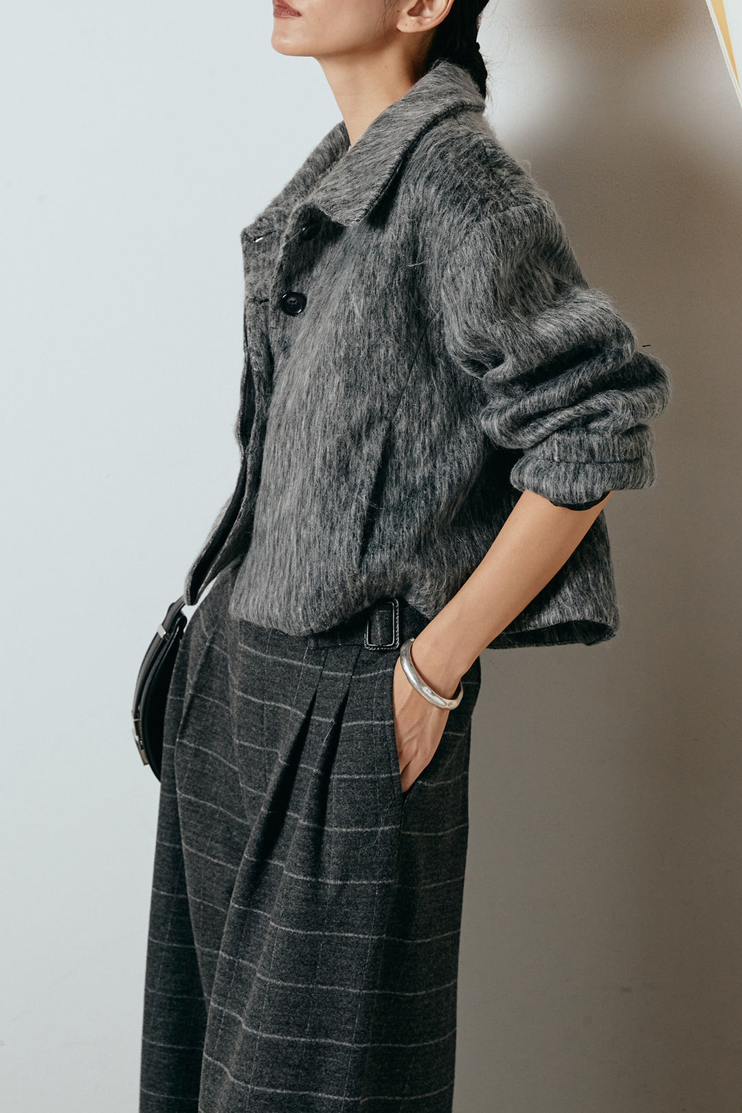 [SET]シャギーショートジャケット+スクエアチェック柄ワイドパンツ(2set)