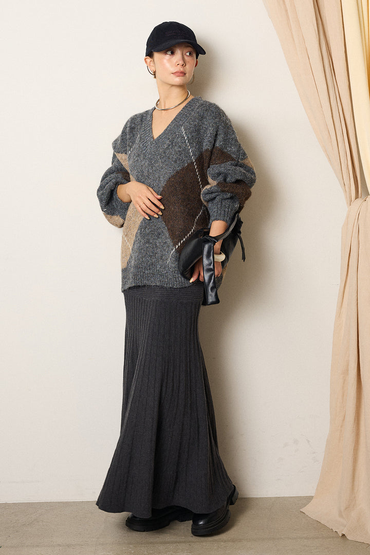 【着回しセット】[SET]ルーズアーガイルVネックニット+ルーズアーガイルVネックニット+編み地切り替えフレアニットスカート(3set)