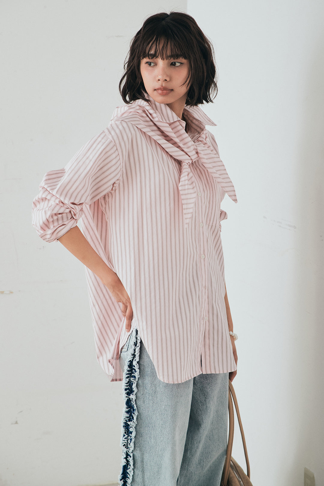 [SET]ランダムストライプスカーフ付きシャツ+デニムサイドフリルパンツ(2set)