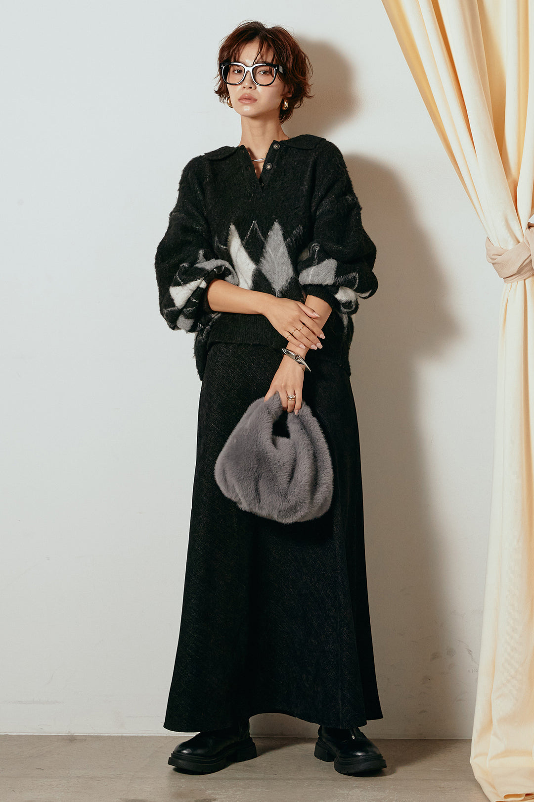 [SET]アーガイル柄ポロニットトップス+スウェードライクロングスカート(2set)