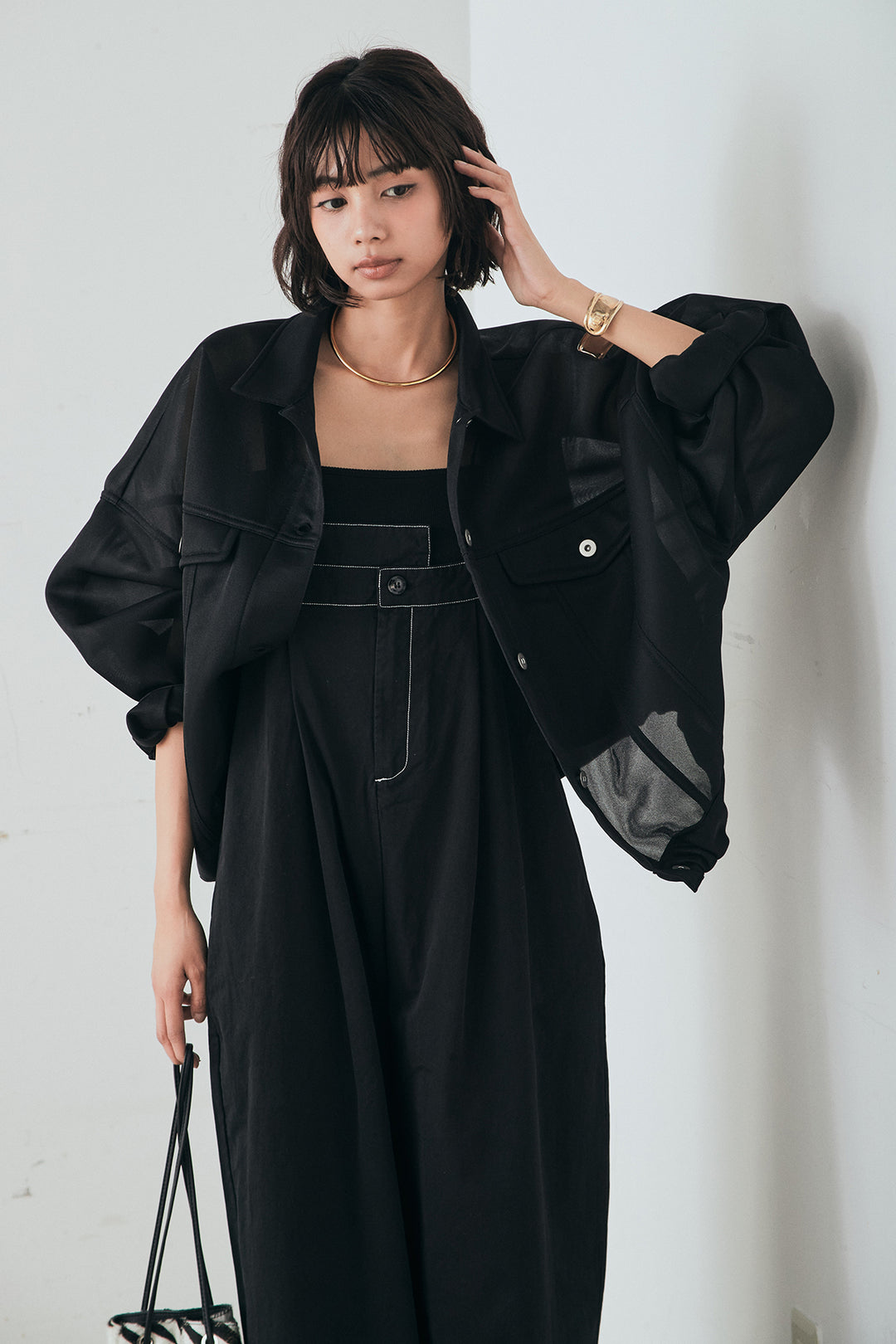 [SET]シアーダンボールサイドドロストジャケット+綿ツイルアシメサロペット(2set)