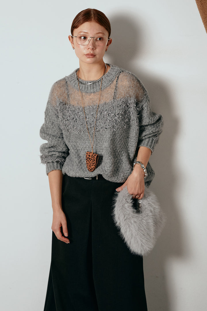 [SET]パターンランダム編みニットトップス+ベルト付きフロントタックデザインパンツ(2set)