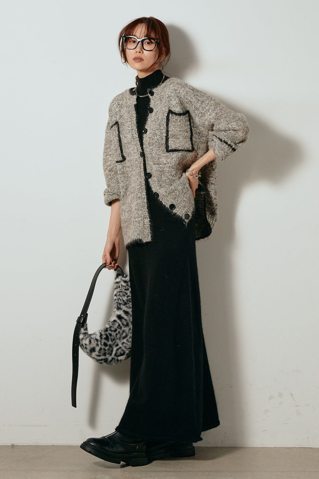 [SET]ミックスニットポケットカーディガン+ノースリーブニットロングワンピース(2set)