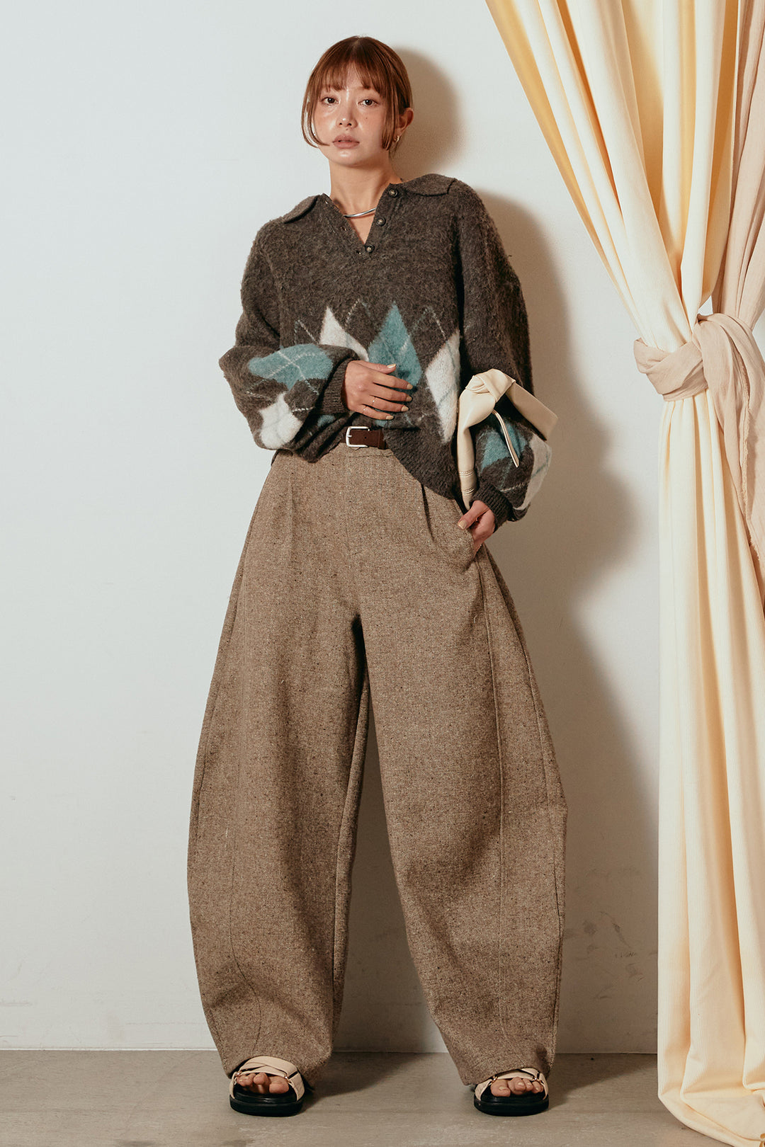 [SET]アーガイル柄ポロニットトップス+ベルト付きネップツイードカーブパンツ(2set)