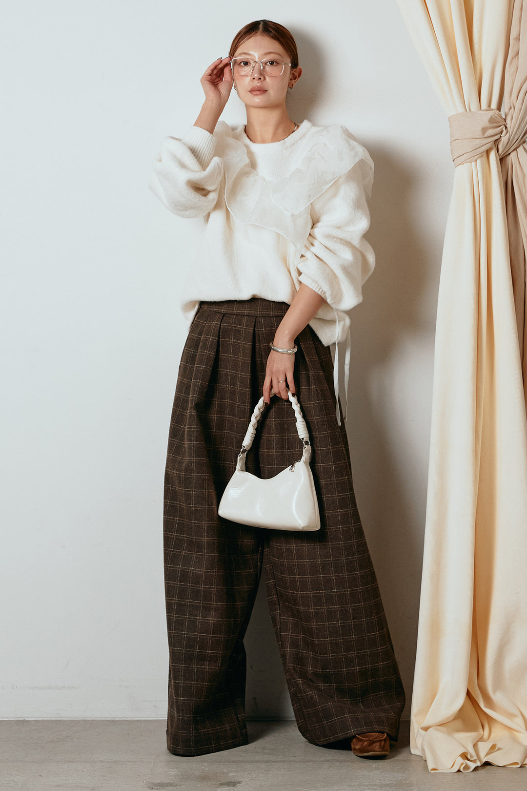 [SET]アシンメトリーフリルニットトップス+ウールライクチェックタックパンツ(2set)