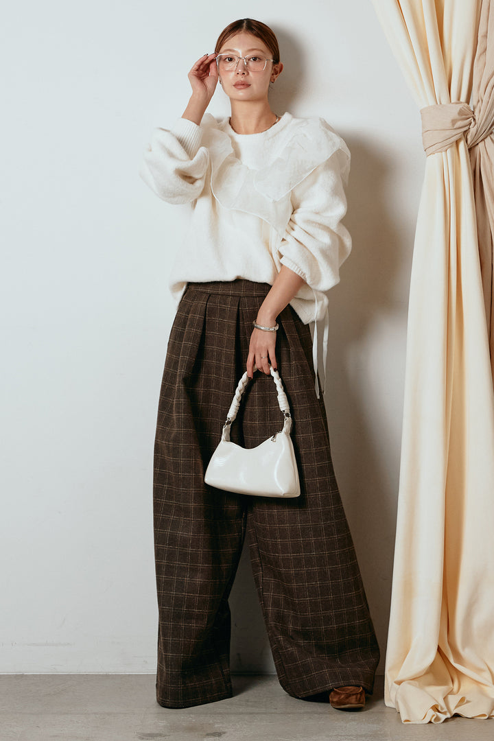 [SET]アシンメトリーフリルニットトップス+ウールライクチェックタックパンツ(2set)