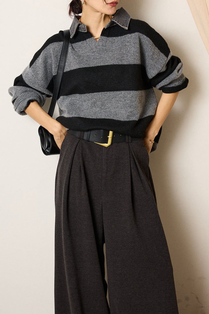 [SET]デニムカラーボーダールーズニット+ゴールドバックル太ベルト付きワイドパンツ(2set)