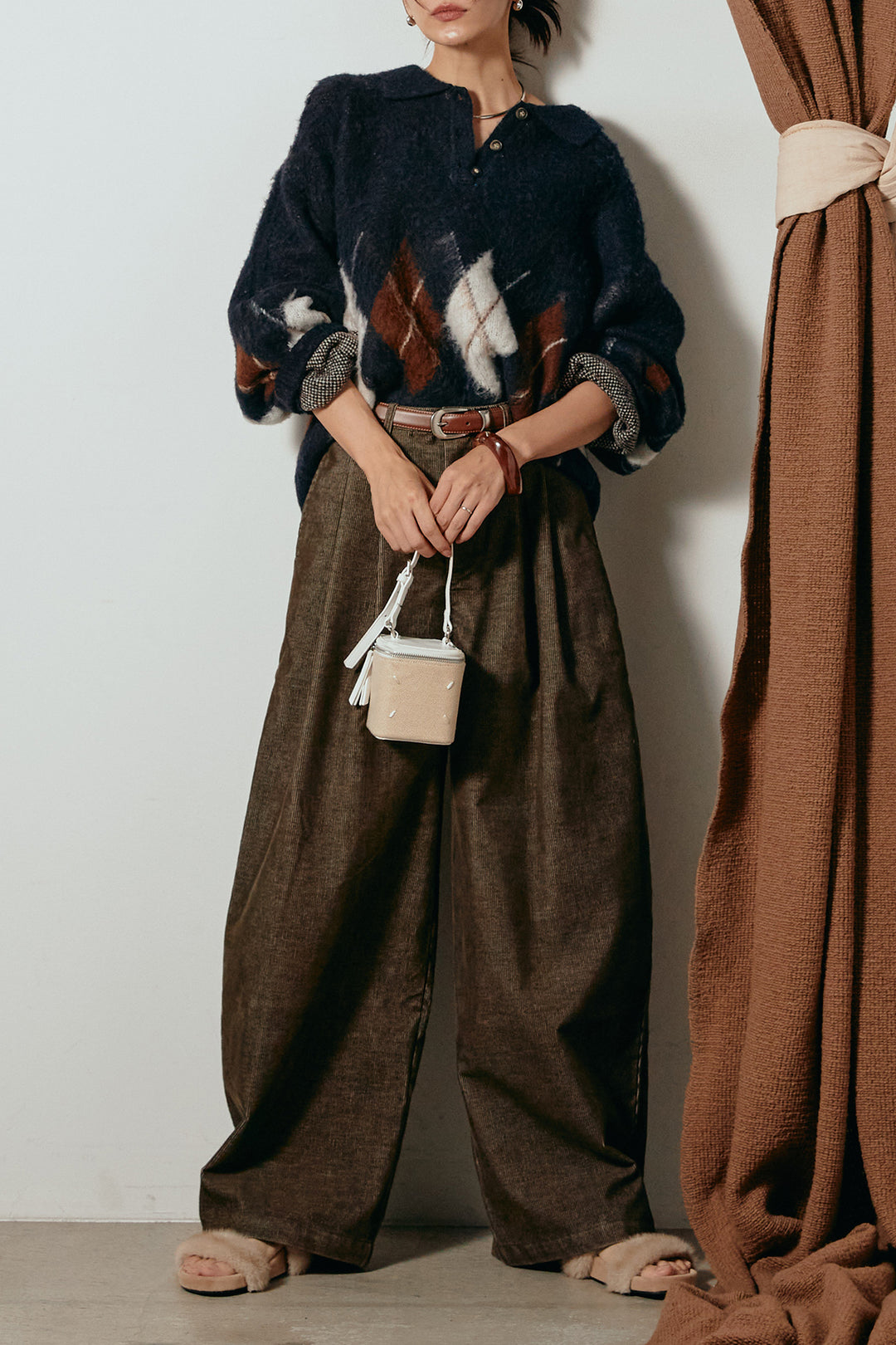 [SET]アーガイル柄ポロニットトップス+フロントタック入りコーデュロイパンツ(2set)