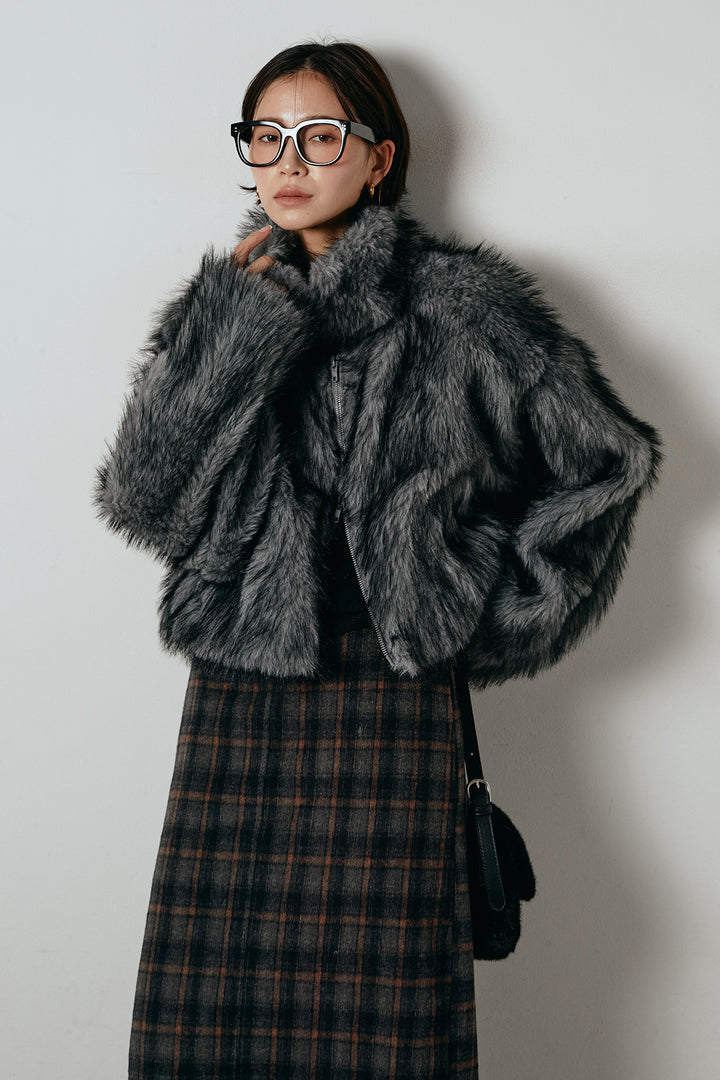 [SET]エコファーショート丈ブルゾン+シャギーチェックストレートスカート(2set)