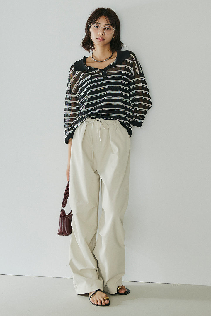 [SET]ボーダーニットポロシャツ+ニーサイドタックウエストドロスパンツ(2set)