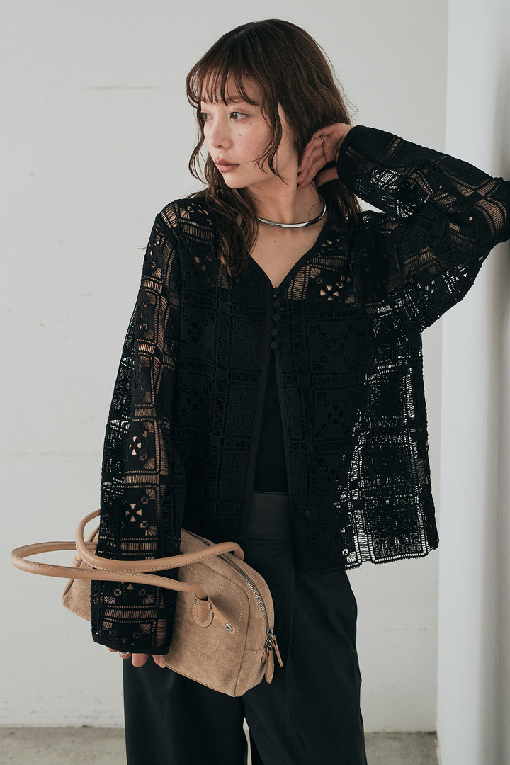 [SET]クロシェレースカーディガン+センタープレスセミワイドパンツ(2set)