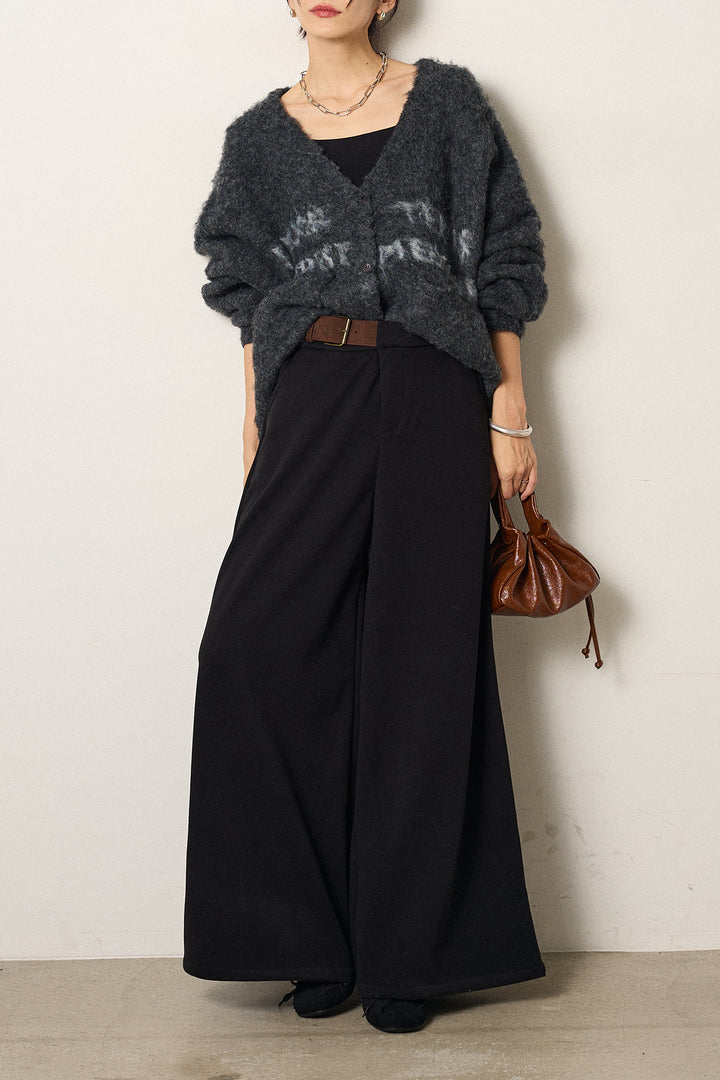 [SET]ウール混透かしロゴニットカーディガン+サイドベルトパンツ(2set)