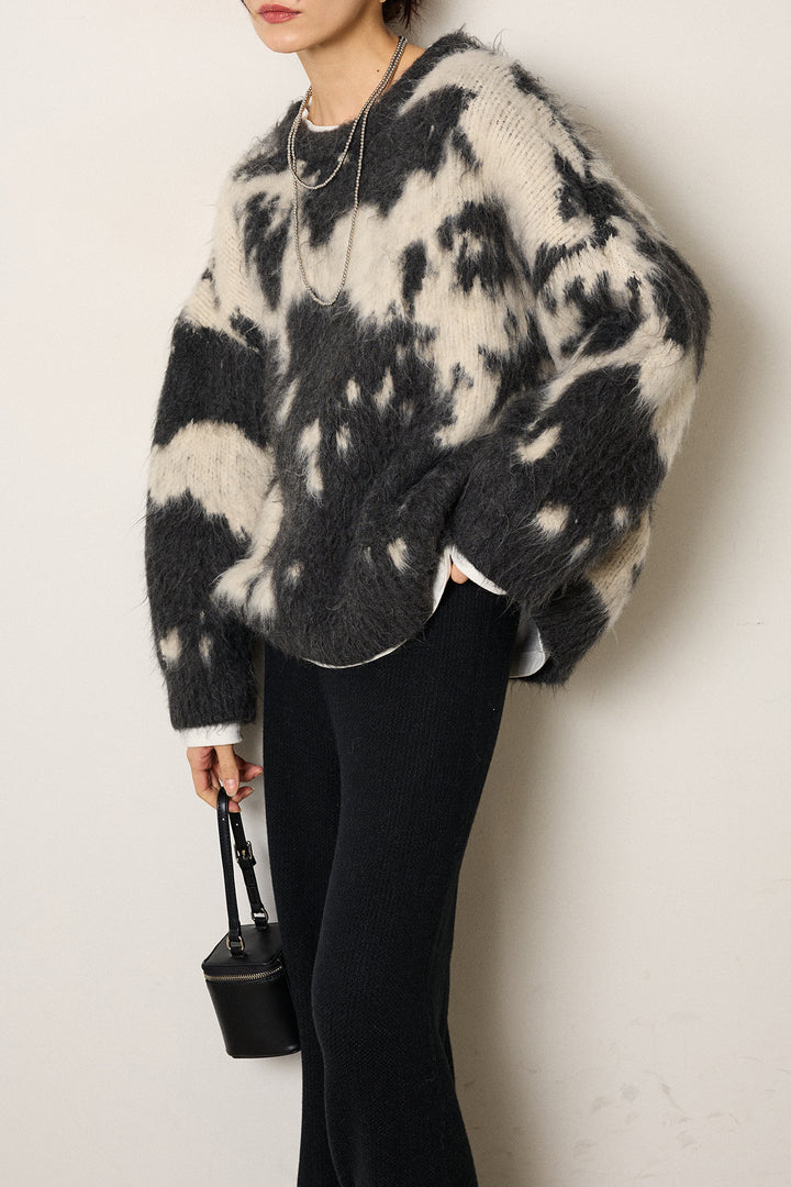 [SET]モヘアタッチマーブルニット+箔プリントBIGシルエットロングスリーブTシャツ+ワイドリブニットイージーパンツ(3set)