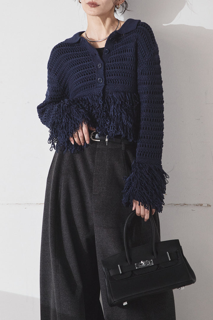 [SET]メッシュフリンジカーディガン+ウールタッチカーブワイドパンツ(2set)