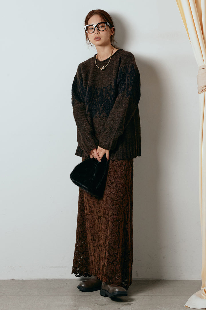 [SET]モノトーン柄ニットトップス+花柄刺繍ベロアフレアスカート(2set)