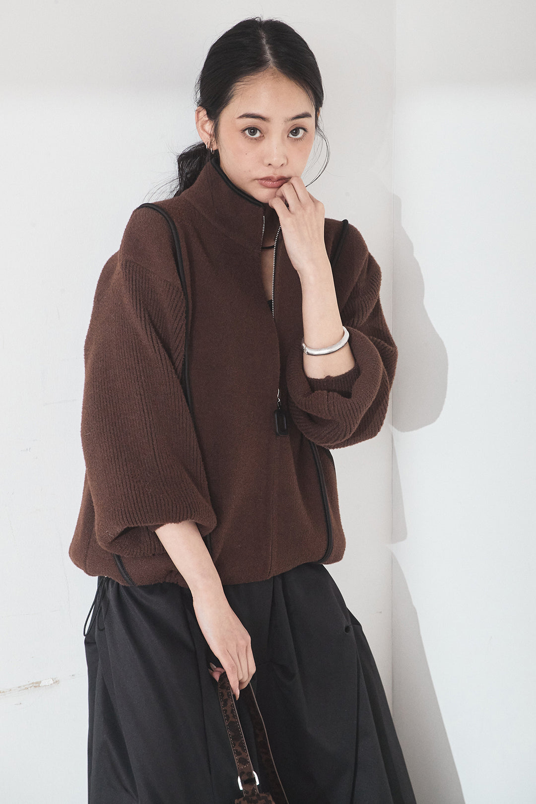 [SET]ハイネックパイピングデザインブルゾン+ランダムタックバルーンスカート(2set)