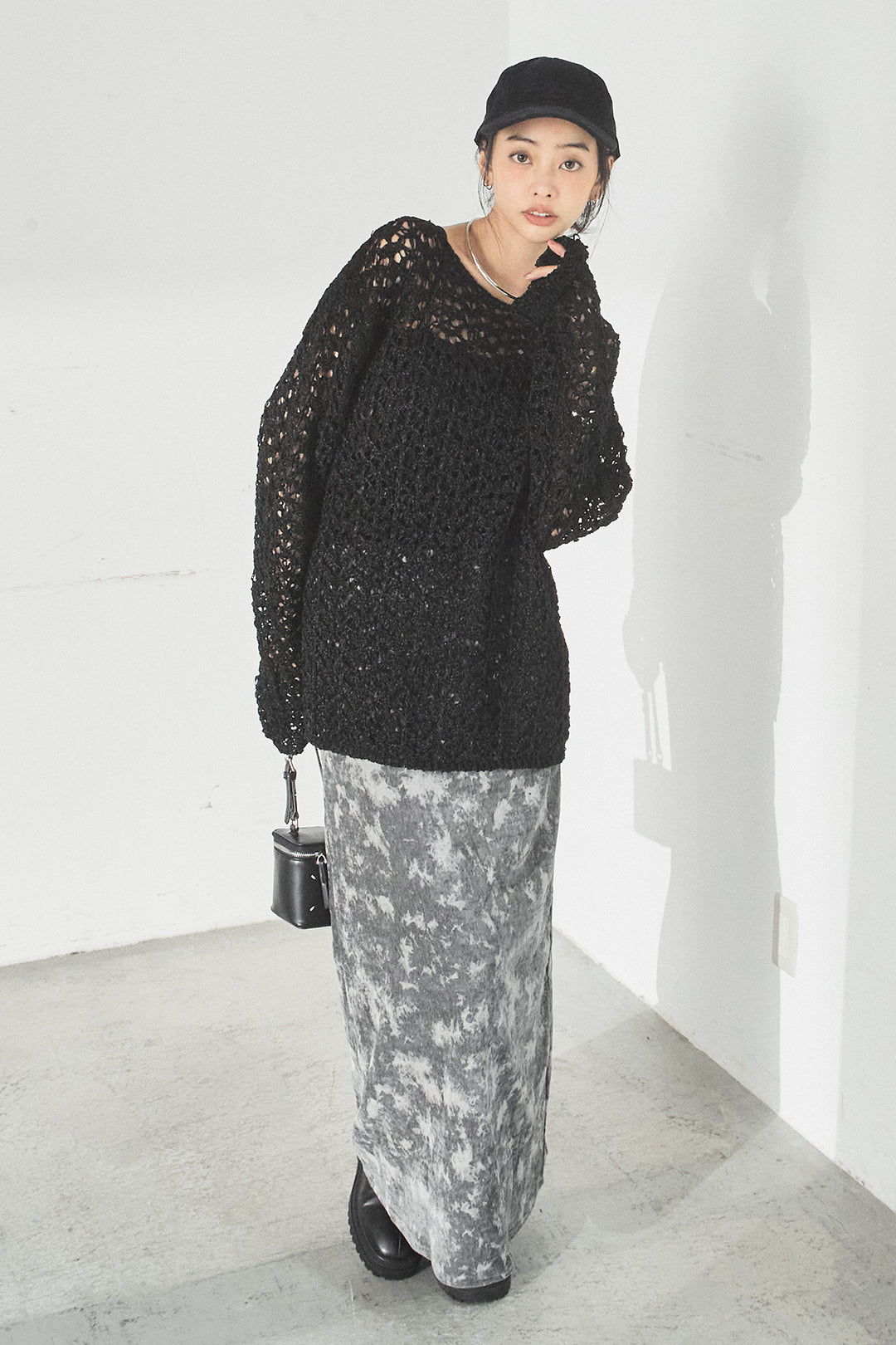 [SET]リラックスメッシュニットトップス+タイダイ柄ベロアワイドスカート(2set)