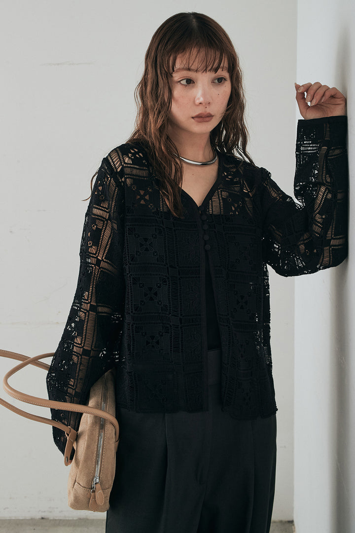 [SET]クロシェレースカーディガン+センタープレスセミワイドパンツ(2set)