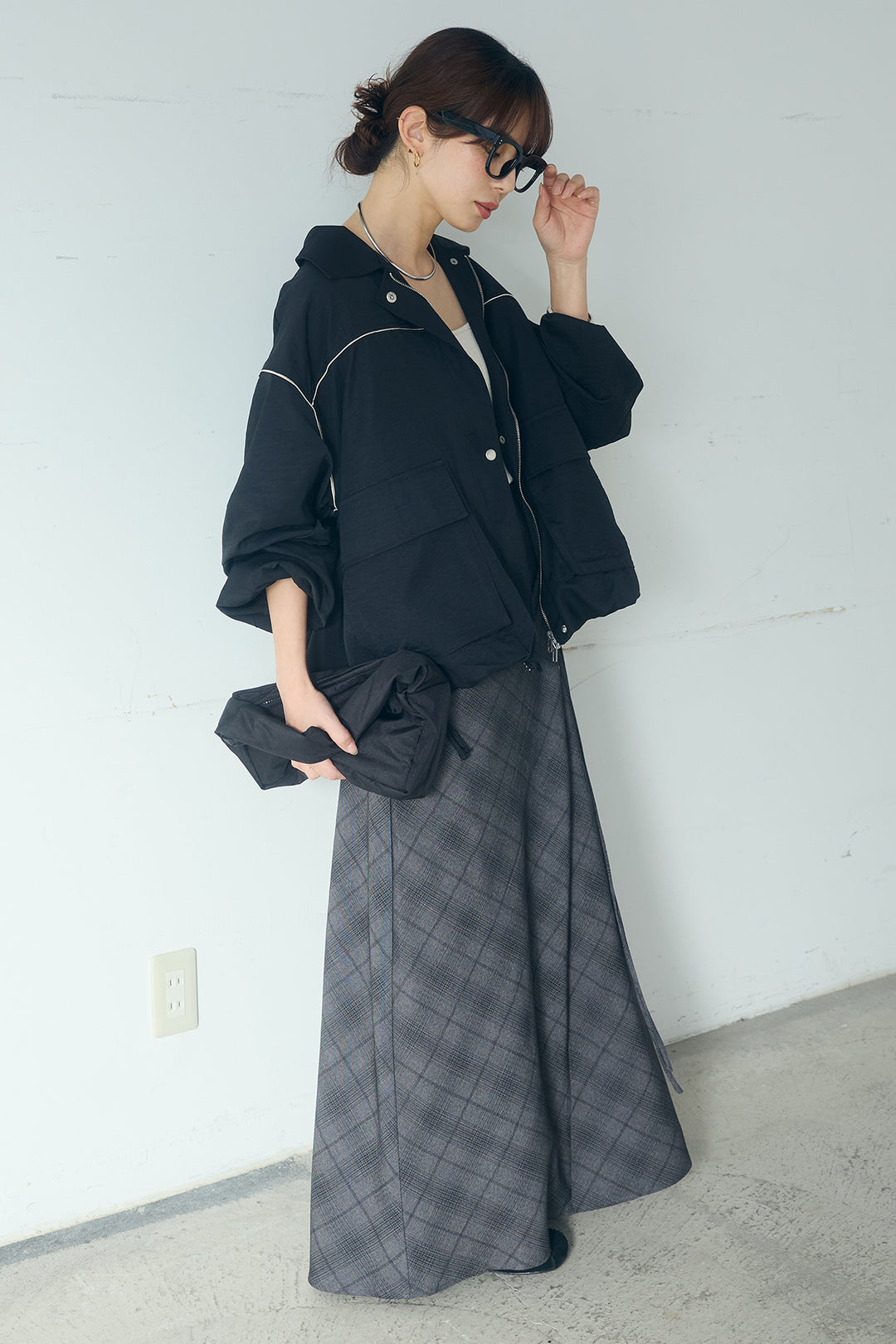 [SET]合繊ツイルバルーンジャケット+タータンチェック柄フロントデザインスカート(2set)