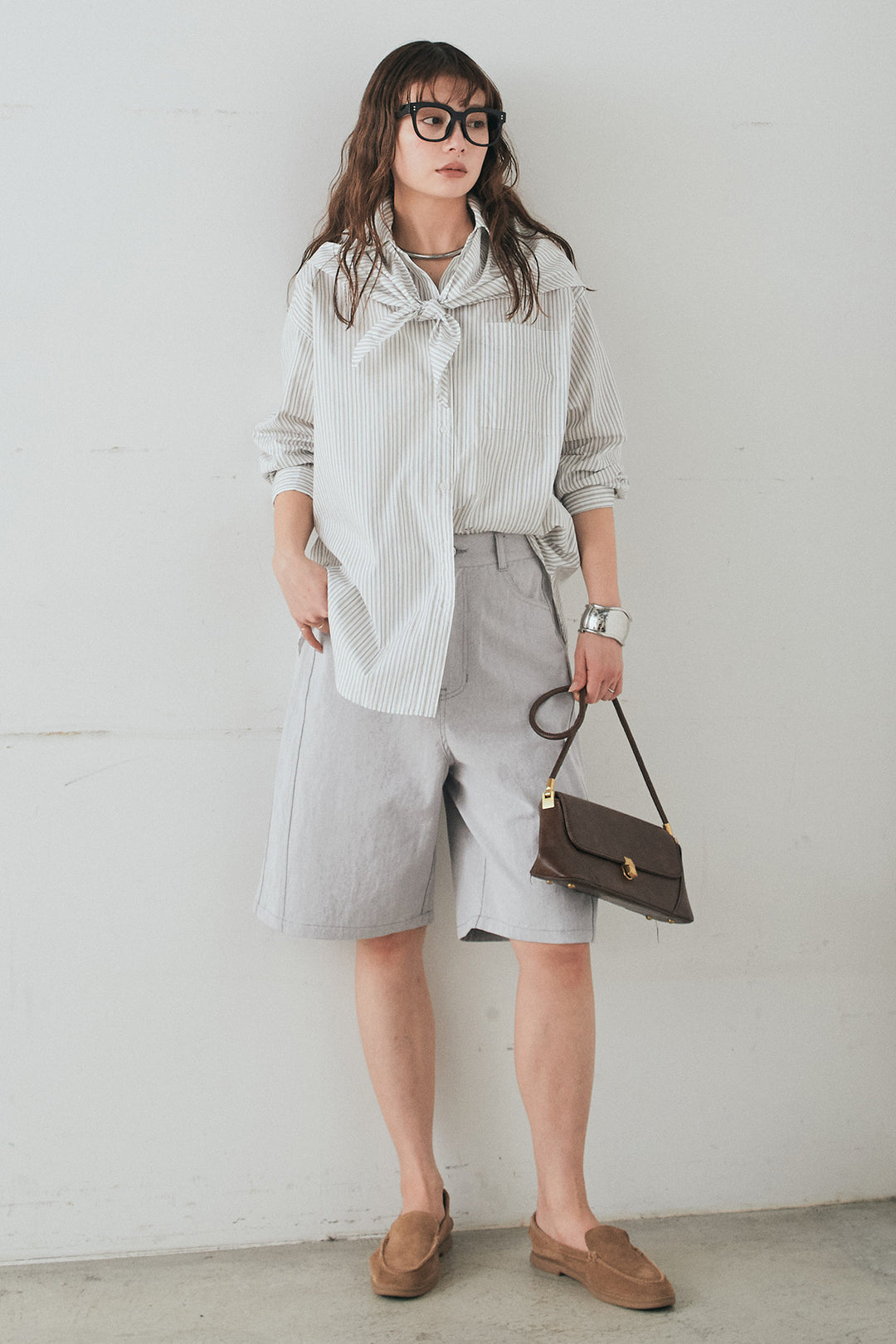 [SET]ランダムストライプスカーフ付きシャツ+デニムハーフパンツ(2set)